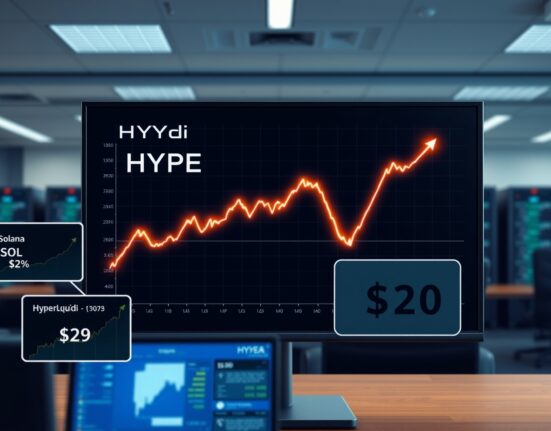 Digital trading screen showing Hyperliquid (HYPE) price chart with upward trend and inset Solana (SOL) comparison graph