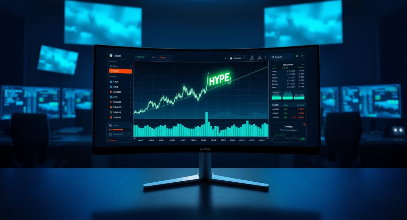 Digital trading dashboard displaying Hyperliquid (HYPE) price chart with upward trend