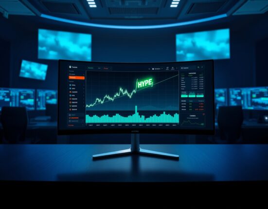 Digital trading dashboard displaying Hyperliquid (HYPE) price chart with upward trend