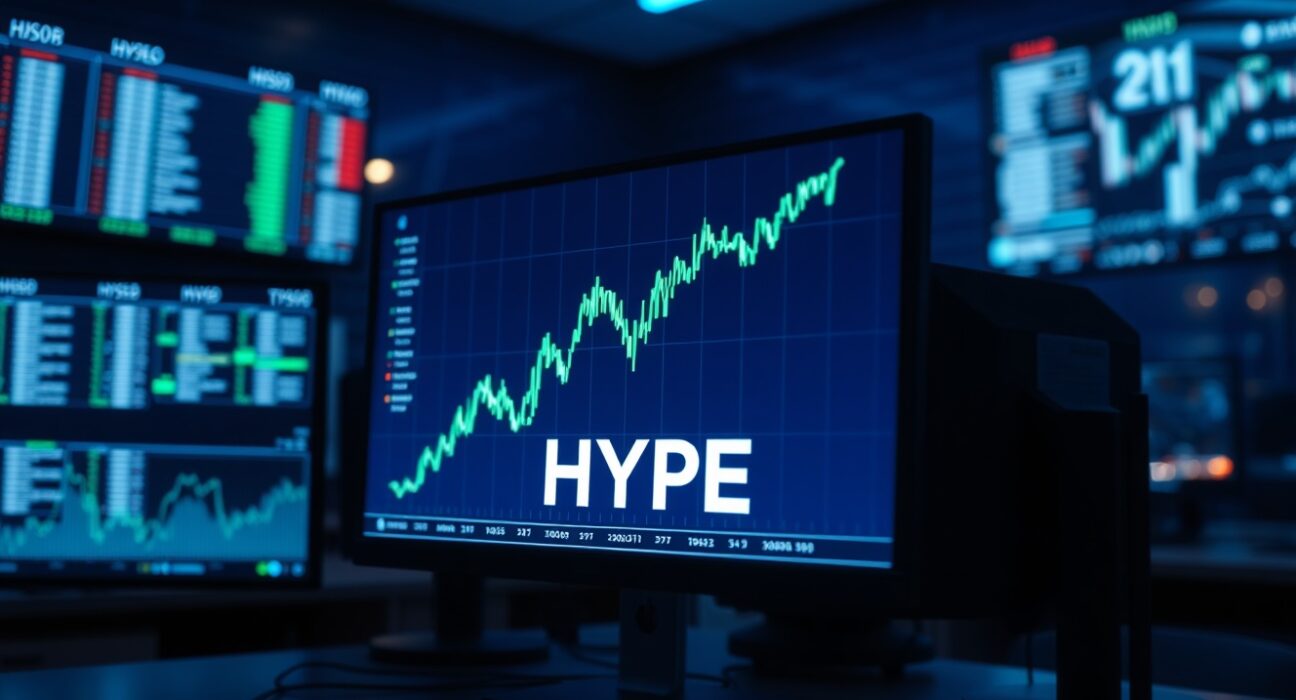 Digital trading screen showing Hyperliquid (HYPE) price chart surging upward in green