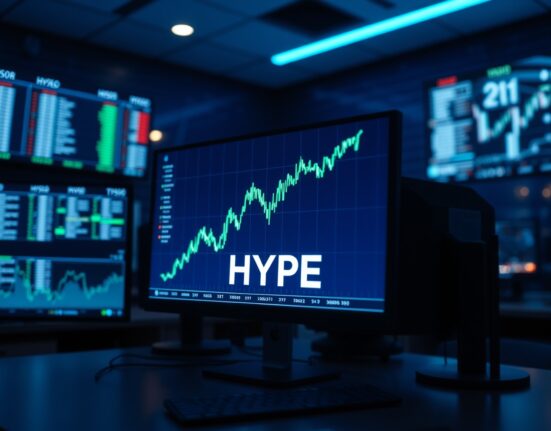 Digital trading screen showing Hyperliquid (HYPE) price chart surging upward in green