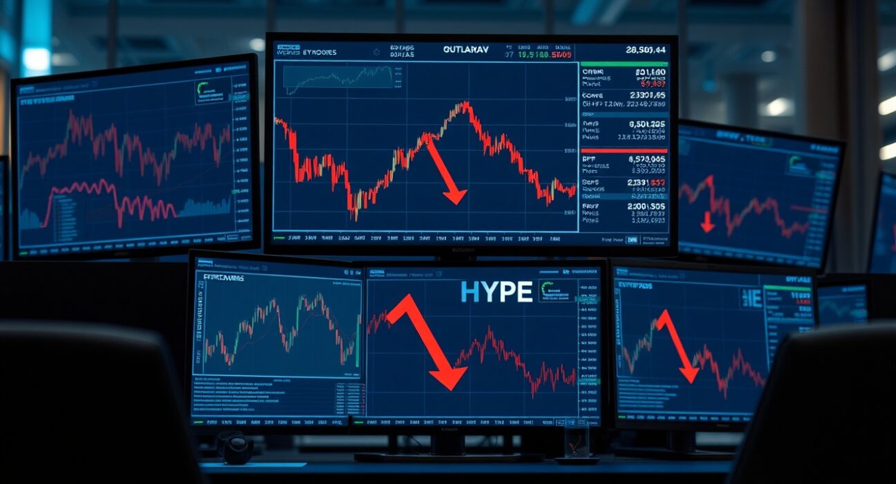 Financial trading desk monitors showing HYPE ETF outflow data and cryptocurrency charts