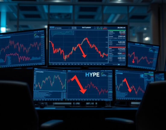 Financial trading desk monitors showing HYPE ETF outflow data and cryptocurrency charts