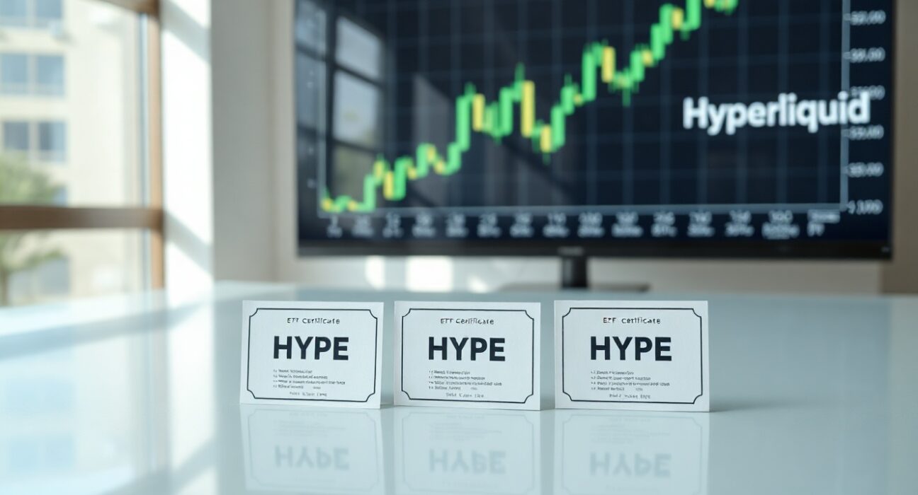 Three HYPE ETF certificates on a desk with a rising financial chart in the background