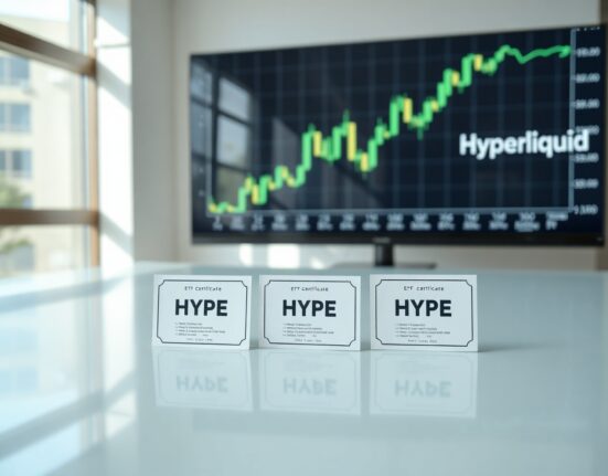Three HYPE ETF certificates on a desk with a rising financial chart in the background