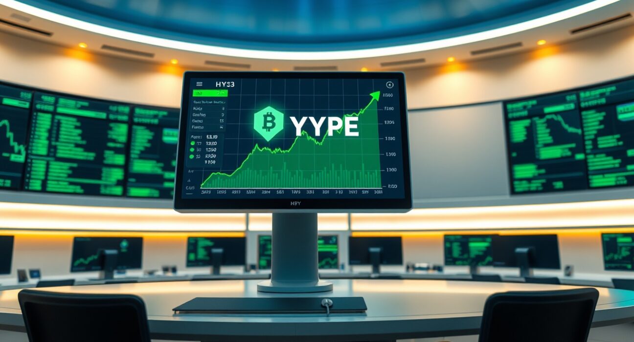 Digital trading display showing HYPE token price chart with upward trend.