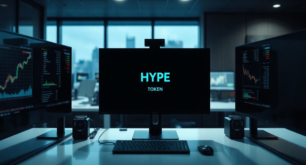 Trading desk monitors display Hyperliquid HYPE token charts in a modern Wall Street office setting.