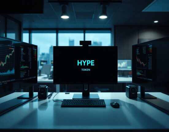 Trading desk monitors display Hyperliquid HYPE token charts in a modern Wall Street office setting.
