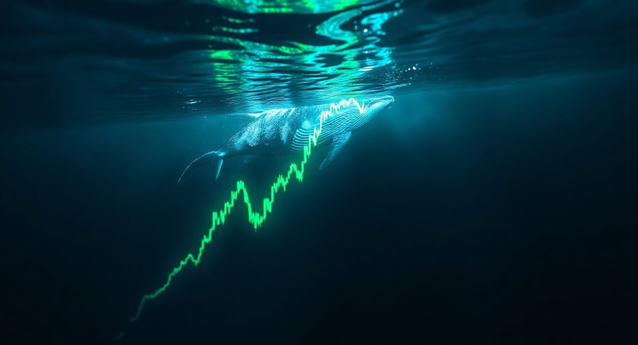 Whale swimming in dark ocean with glowing green price chart overlay representing Hyperliquid HYPE all-time high