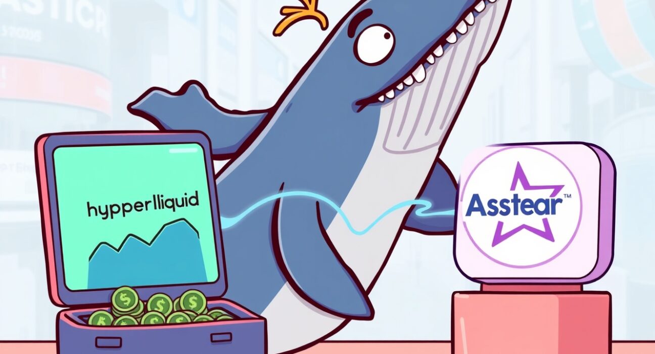 Cartoon whale moving HYPE tokens from Hyperliquid to Astar, illustrating a significant Hyperliquid investor transaction and market shift.