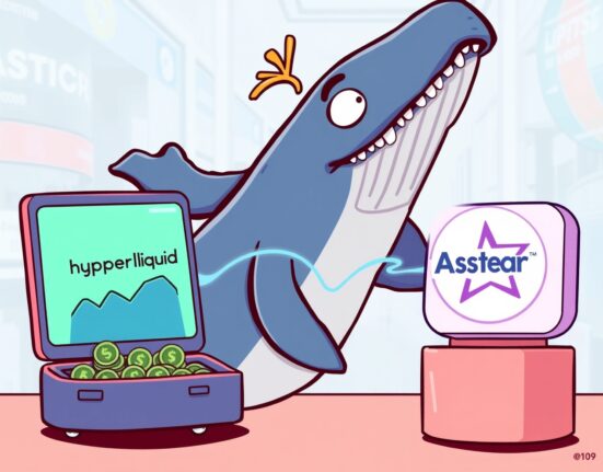 Cartoon whale moving HYPE tokens from Hyperliquid to Astar, illustrating a significant Hyperliquid investor transaction and market shift.