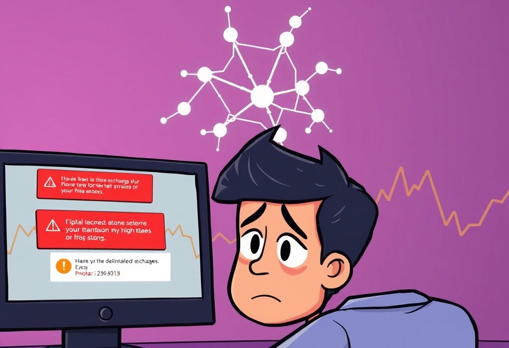 A cartoon illustration showing a user frustrated by critical Hyperliquid issues on a malfunctioning trading platform, highlighting order and liquidation failures.