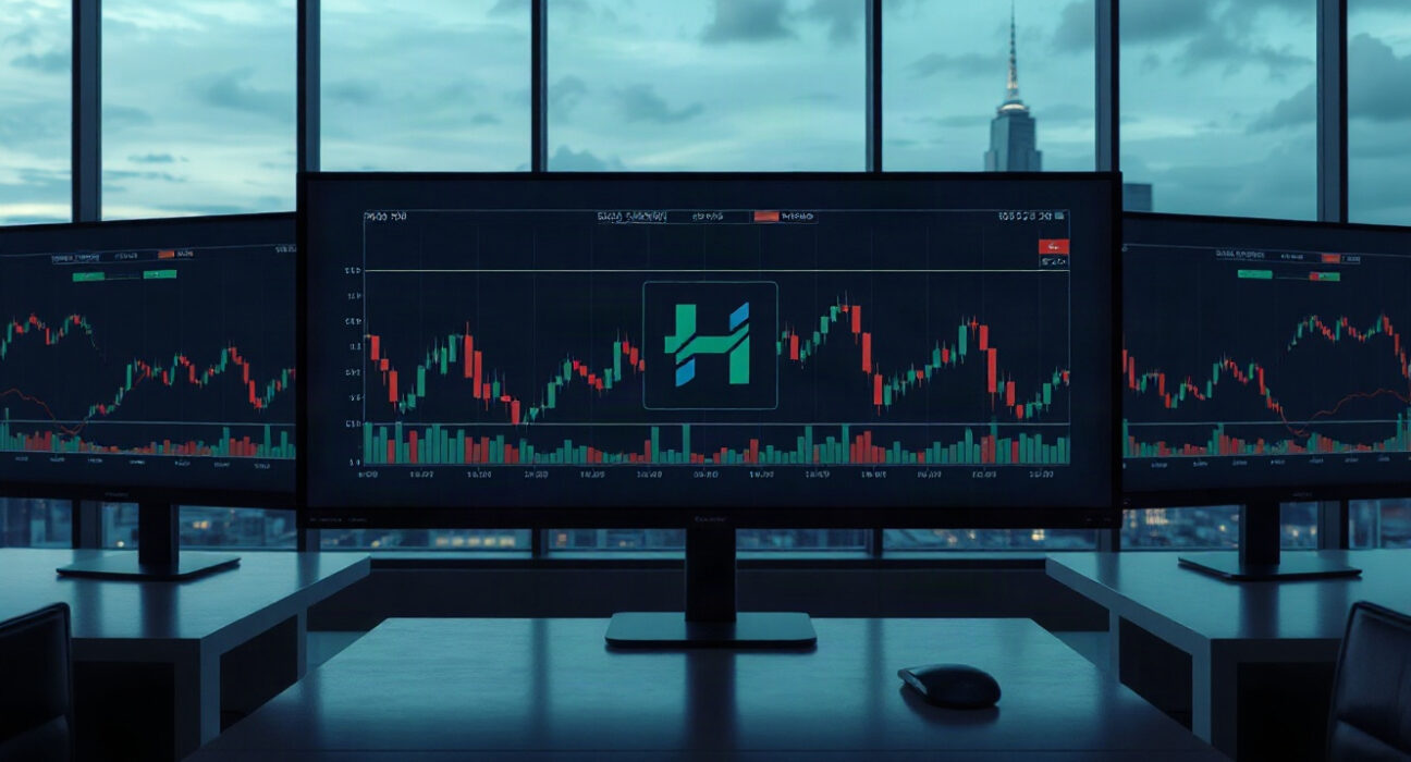 Hyperliquid trading interface displayed on monitors in a modern financial office