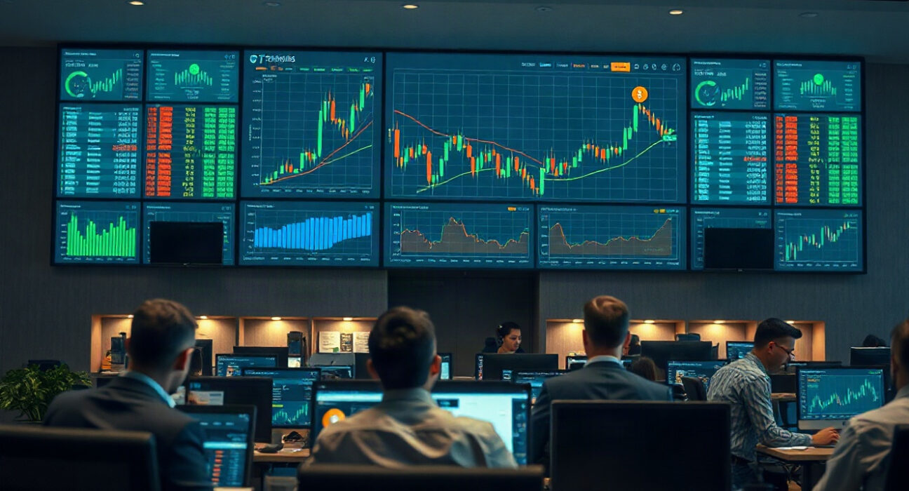 Cryptocurrency trading dashboard with Bitcoin charts on a professional trading floor
