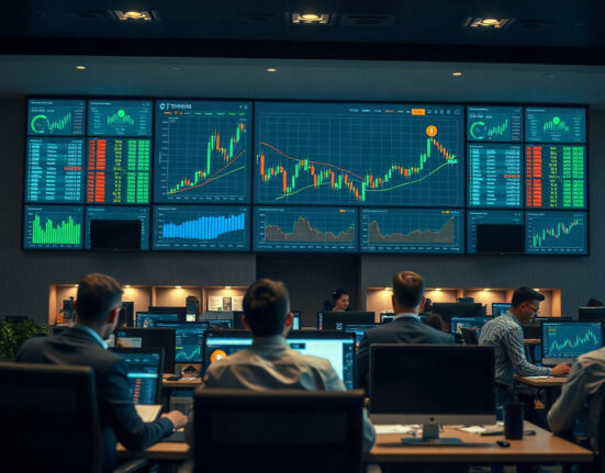 Cryptocurrency trading dashboard with Bitcoin charts on a professional trading floor