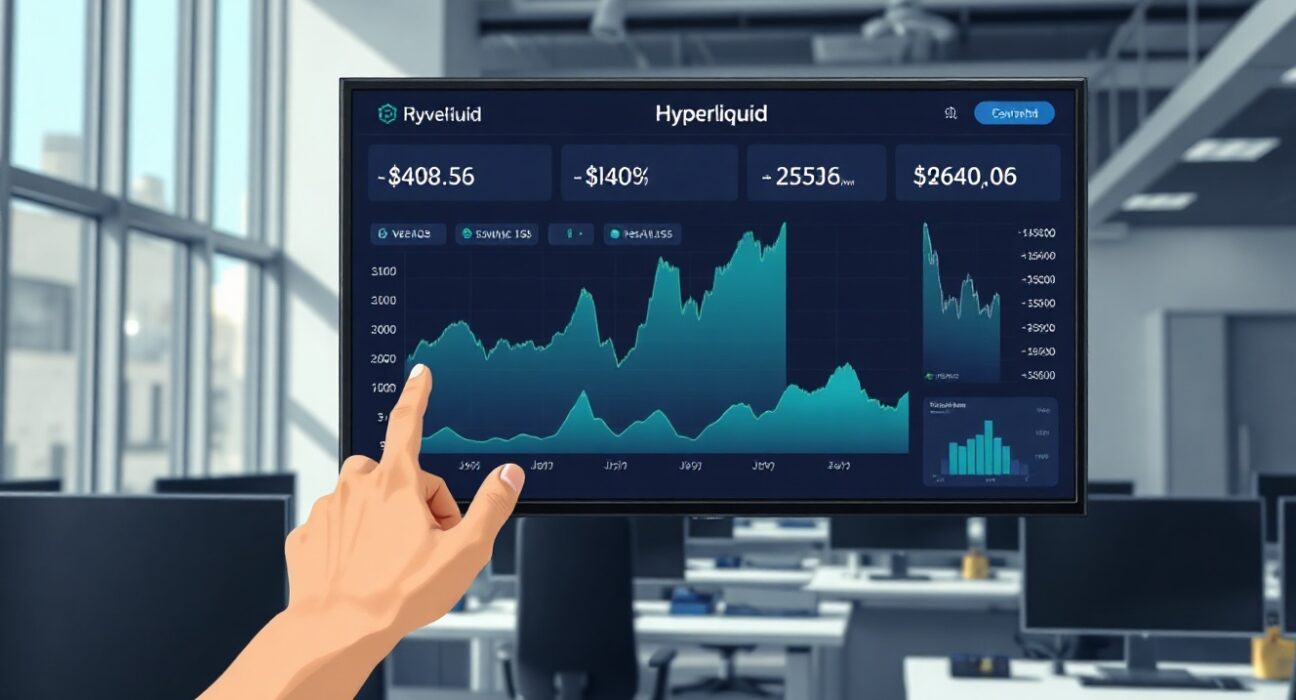 Analyst pointing at a revenue chart on a screen in a newsroom, illustrating Hyperliquid's market impact.