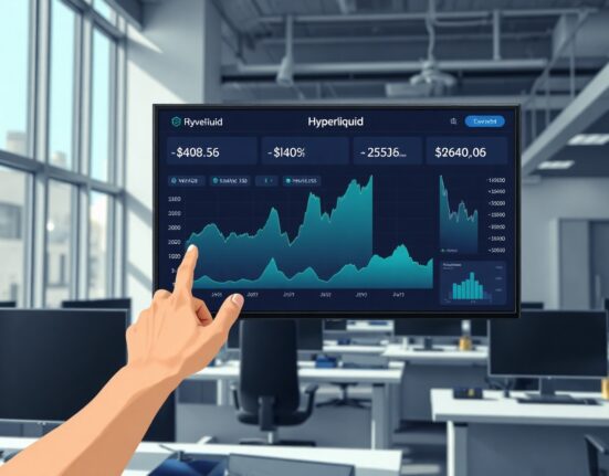 Analyst pointing at a revenue chart on a screen in a newsroom, illustrating Hyperliquid's market impact.