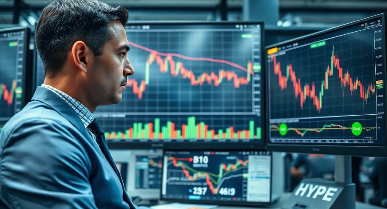 Financial analyst monitoring Bitcoin price drop and Hyperliquid long positions on trading screens in a newsroom.