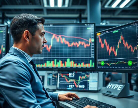 Financial analyst monitoring Bitcoin price drop and Hyperliquid long positions on trading screens in a newsroom.