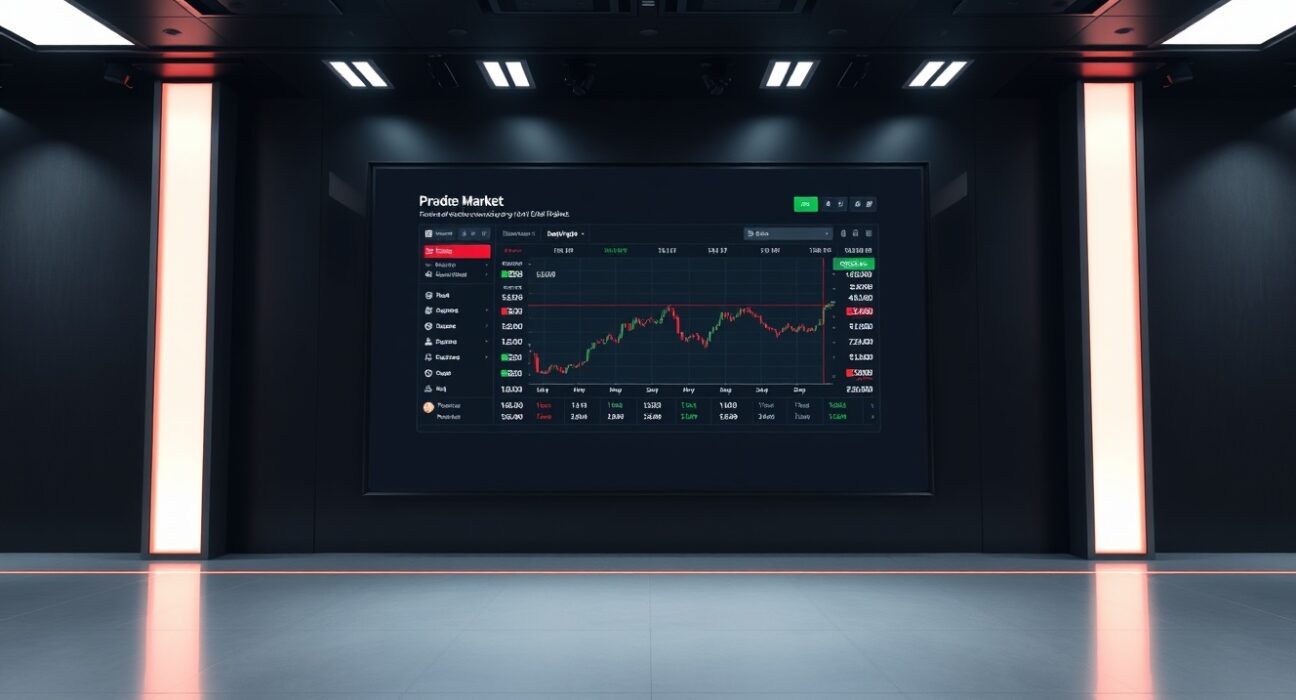 Hyperliquid prediction market dashboard on a screen in a modern newsroom setting.