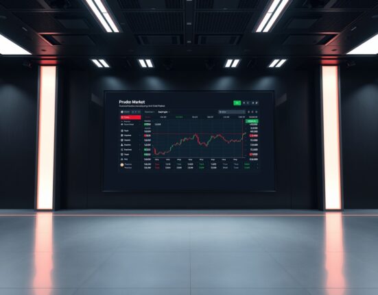 Hyperliquid prediction market dashboard on a screen in a modern newsroom setting.
