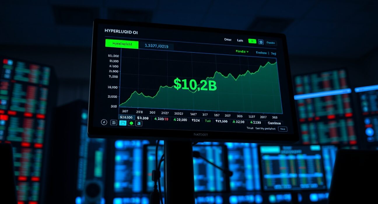 Trading dashboard showing Hyperliquid open interest reaching $10.2 billion with an upward chart trend
