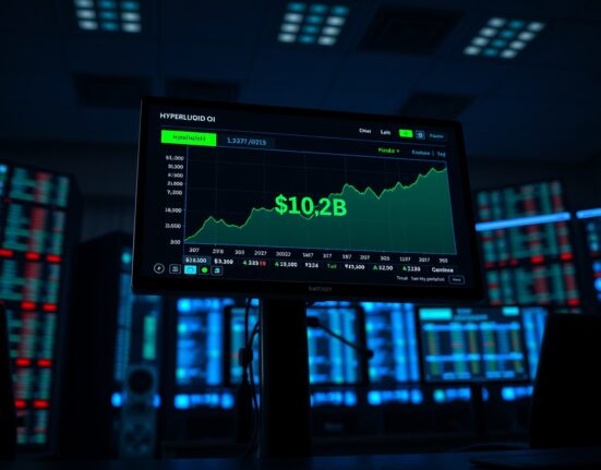 Trading dashboard showing Hyperliquid open interest reaching $10.2 billion with an upward chart trend