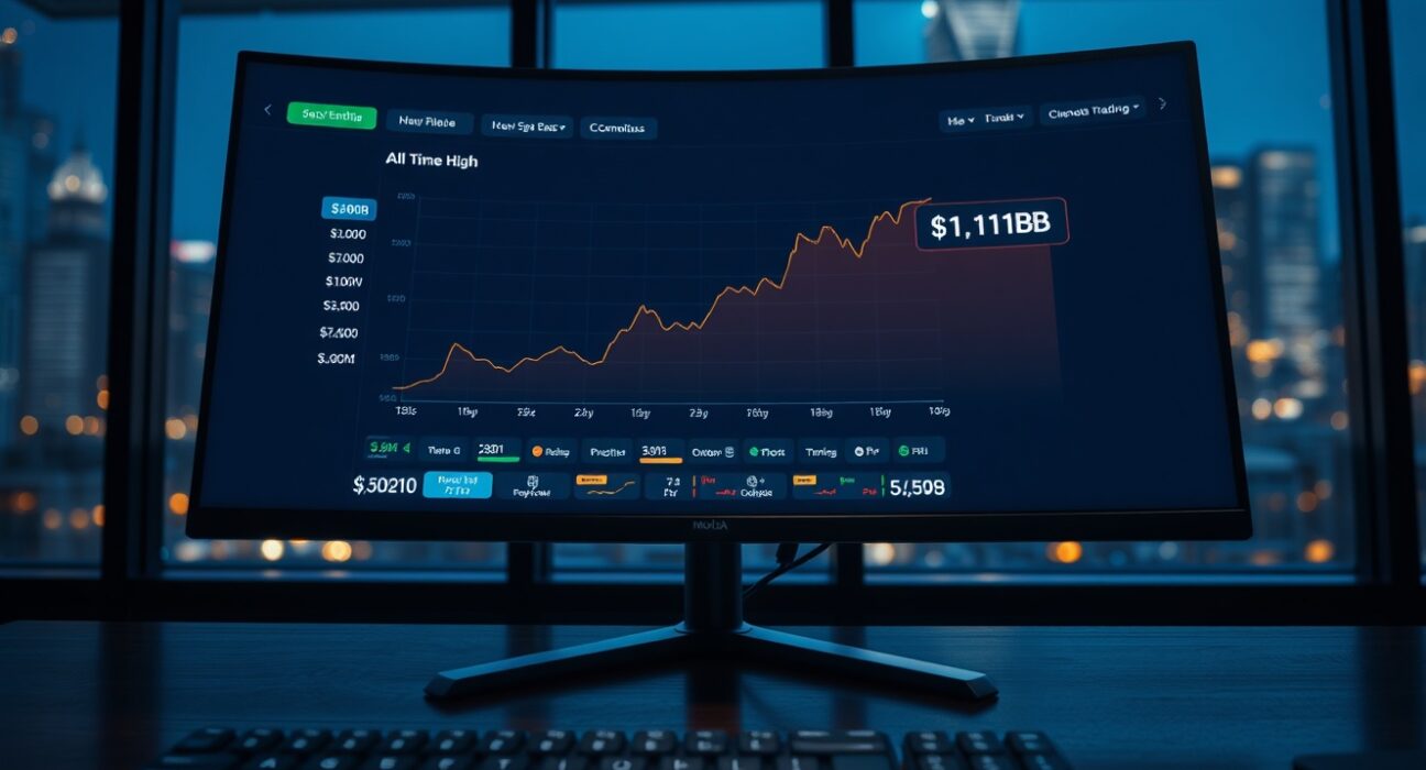 Trading monitor showing Hyperliquid's all-time high open interest of $11.14 billion on a perpetual futures chart.