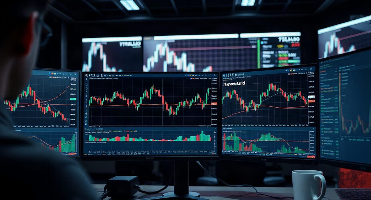Trader monitoring cryptocurrency derivatives charts on multiple screens in a dark trading room