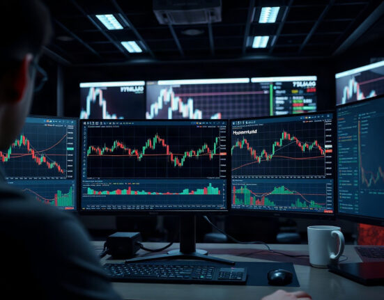 Trader monitoring cryptocurrency derivatives charts on multiple screens in a dark trading room