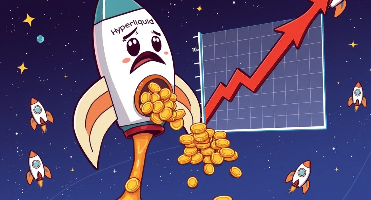 Animated illustration of alarming Hyperliquid outflows as a rocket ship loses coins.