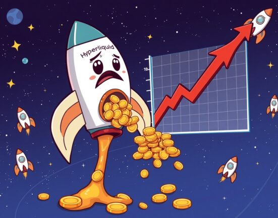 Animated illustration of alarming Hyperliquid outflows as a rocket ship loses coins.