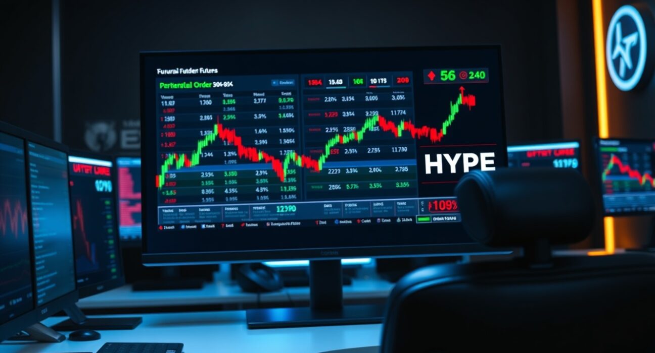 Digital trading dashboard showing Hyperliquid perpetual futures for unlisted stocks in a professional office setting.