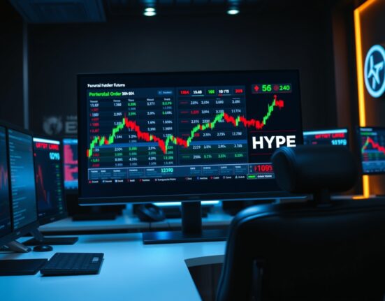 Digital trading dashboard showing Hyperliquid perpetual futures for unlisted stocks in a professional office setting.