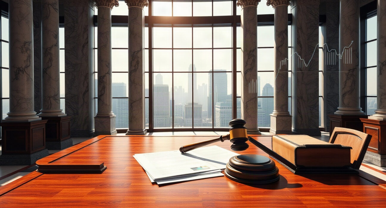 Regulatory documents and gavel on a desk inside a government building, symbolizing financial oversight.