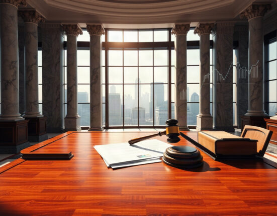 Regulatory documents and gavel on a desk inside a government building, symbolizing financial oversight.