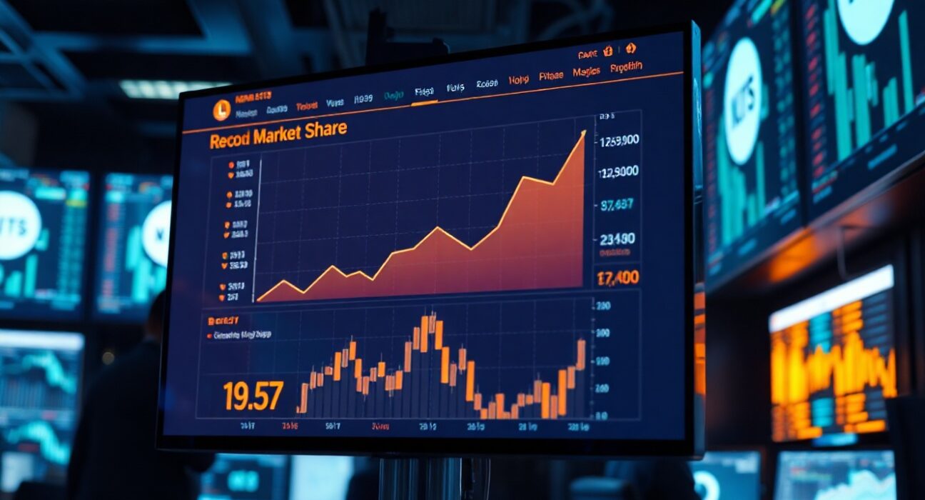 Hyperliquid trading dashboard with rising chart showing record perpetual futures market share