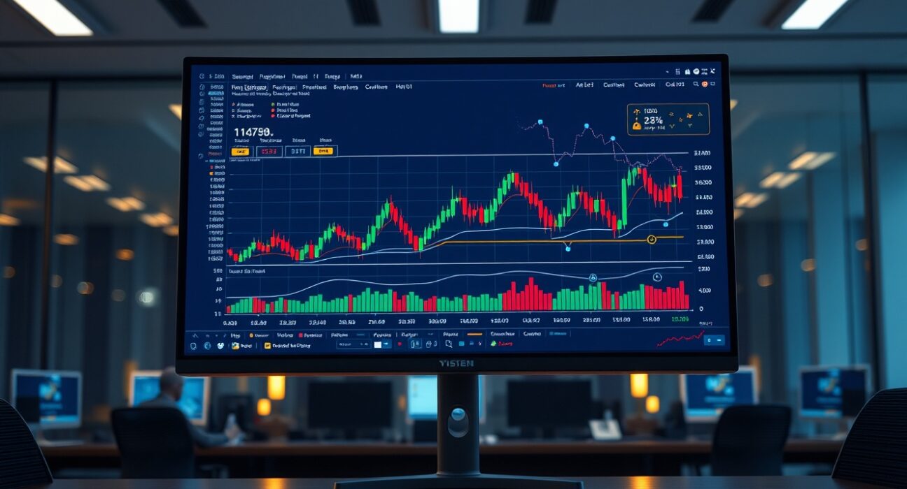Digital trading interface with cryptocurrency charts and blockchain network visualization in a newsroom setting