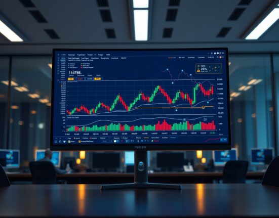 Digital trading interface with cryptocurrency charts and blockchain network visualization in a newsroom setting