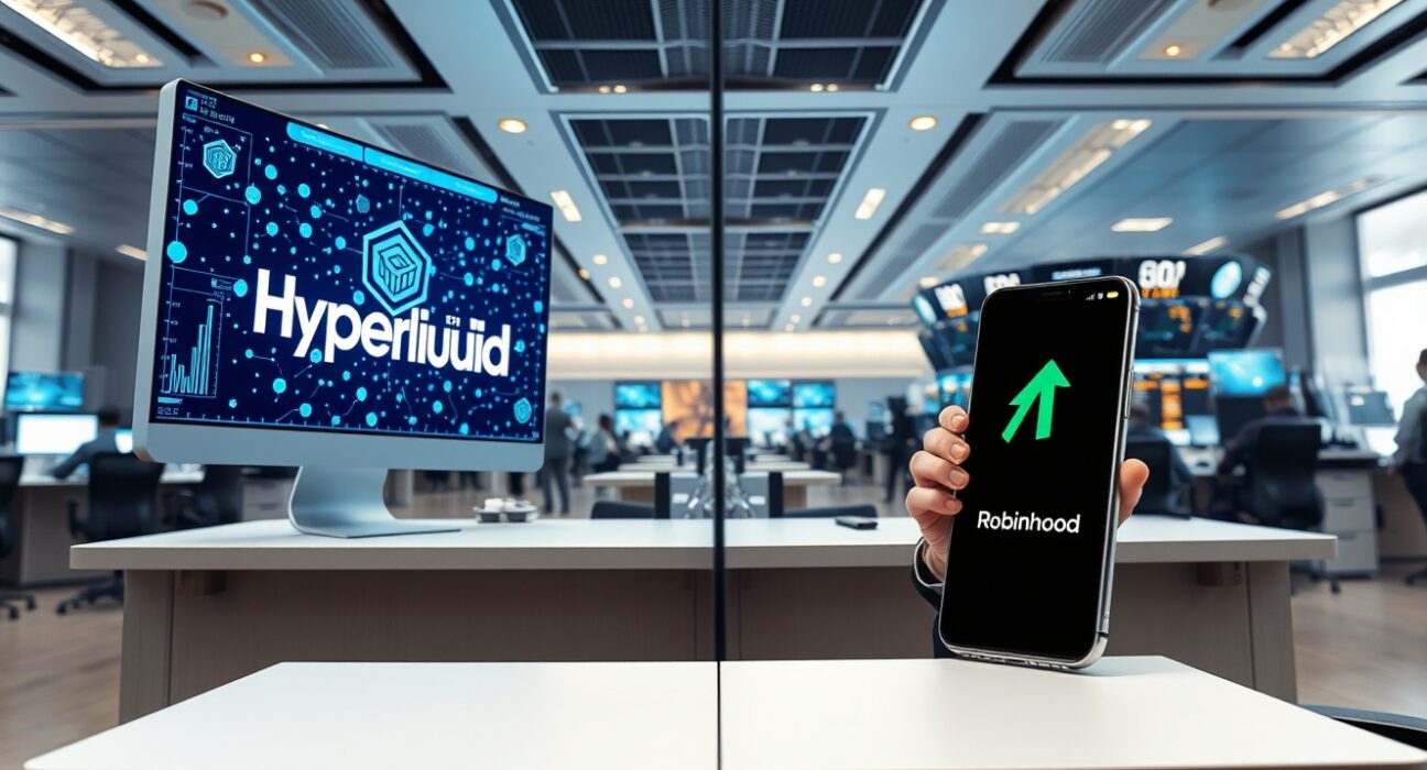 Split scene showing Hyperliquid DeFi interface and Robinhood trading app on a modern financial trading floor.