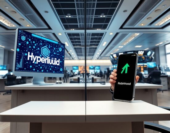 Split scene showing Hyperliquid DeFi interface and Robinhood trading app on a modern financial trading floor.