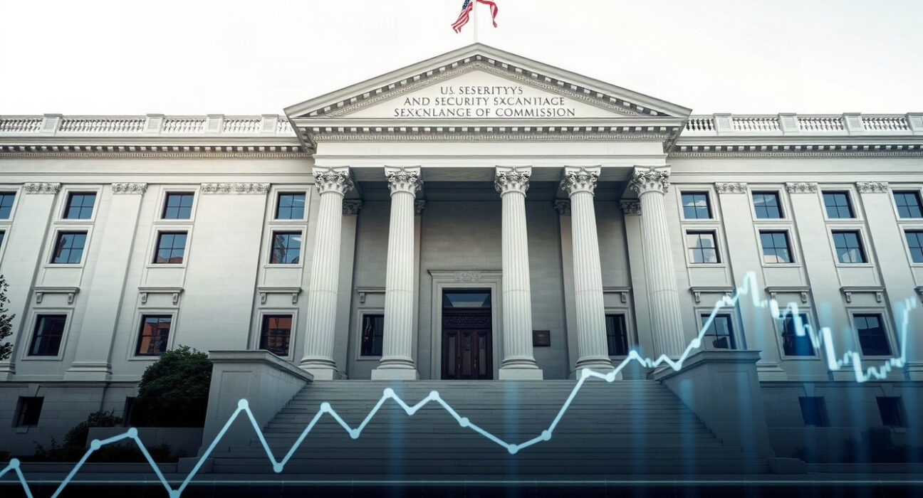 U.S. SEC building with subtle digital trading charts overlay, symbolizing crypto derivatives regulation.