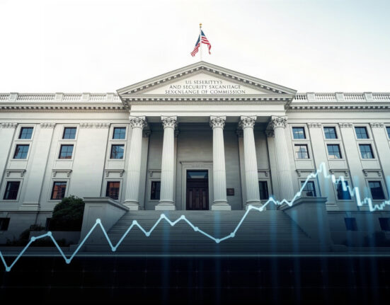 U.S. SEC building with subtle digital trading charts overlay, symbolizing crypto derivatives regulation.