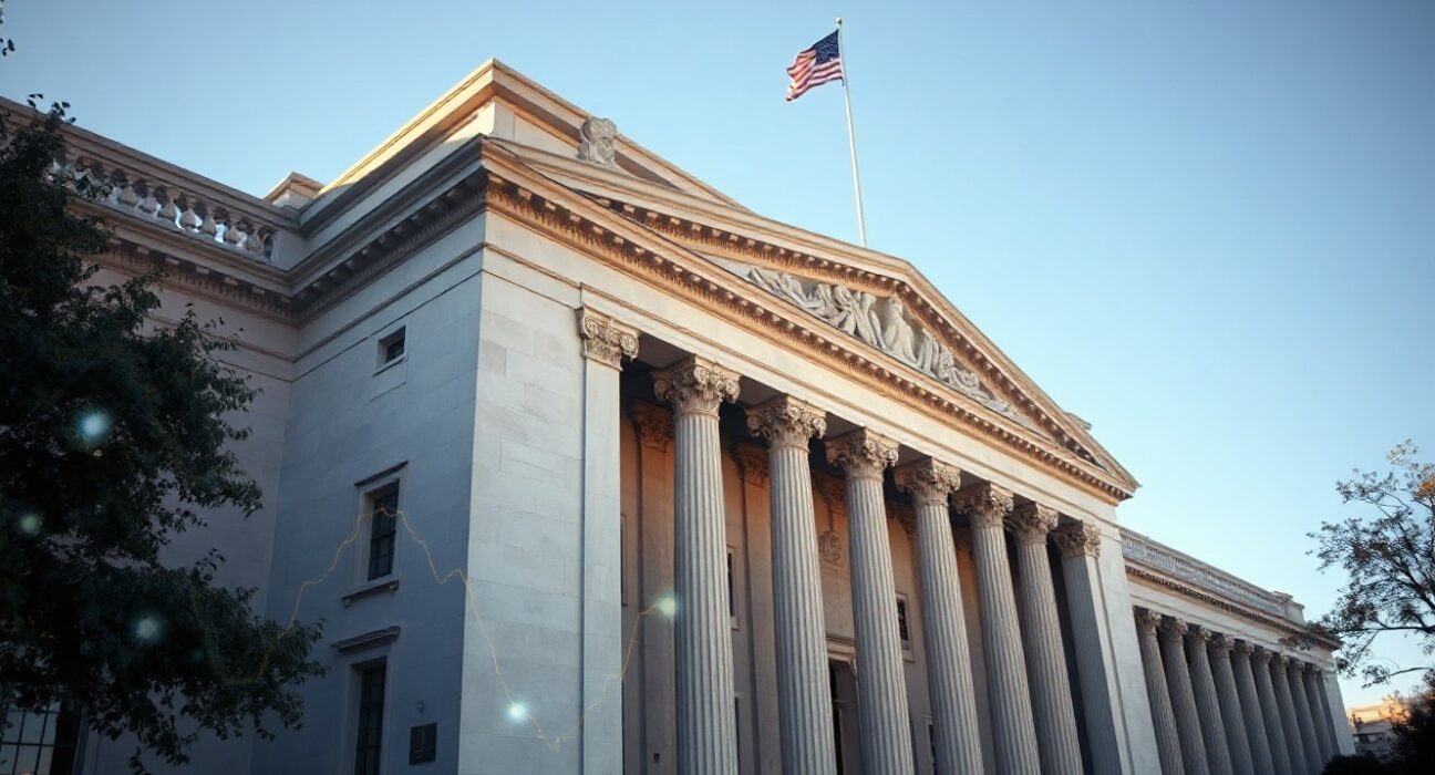 SEC building with digital onchain market graphics overlay
