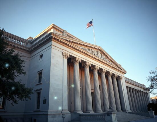 SEC building with digital onchain market graphics overlay