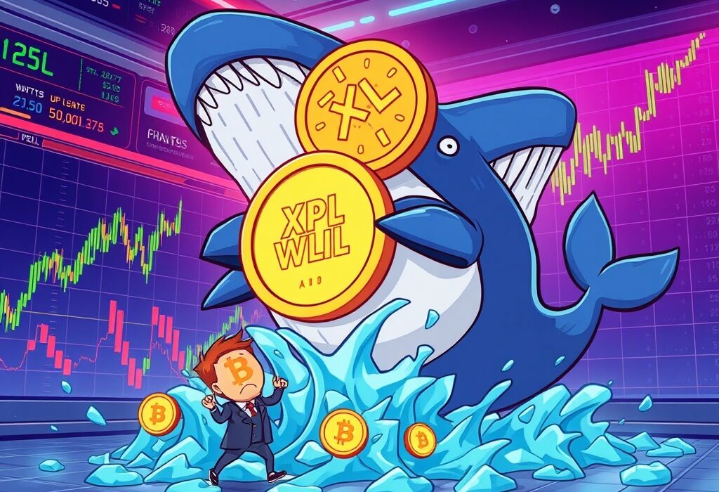 Cartoon illustration of a whale causing a dramatic Hyperliquid short squeeze, pushing crypto prices up rapidly.