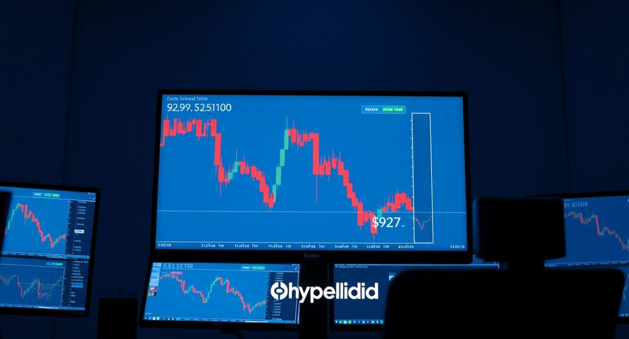 Trading desk monitors showing a sharp price drop on Hyperliquid futures tracking SK Hynix shares