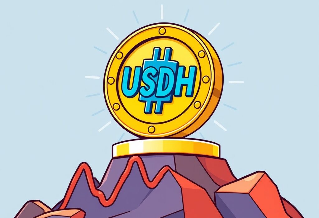 A vibrant cartoon showing the new Hyperliquid stablecoin, USDH, bringing stability and innovation to a dynamic DeFi trading platform.