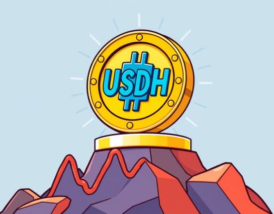 A vibrant cartoon showing the new Hyperliquid stablecoin, USDH, bringing stability and innovation to a dynamic DeFi trading platform.