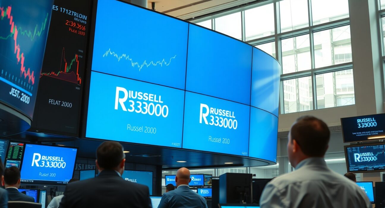Trading floor with digital screens showing Russell 2000 and Russell 3000 indices data.